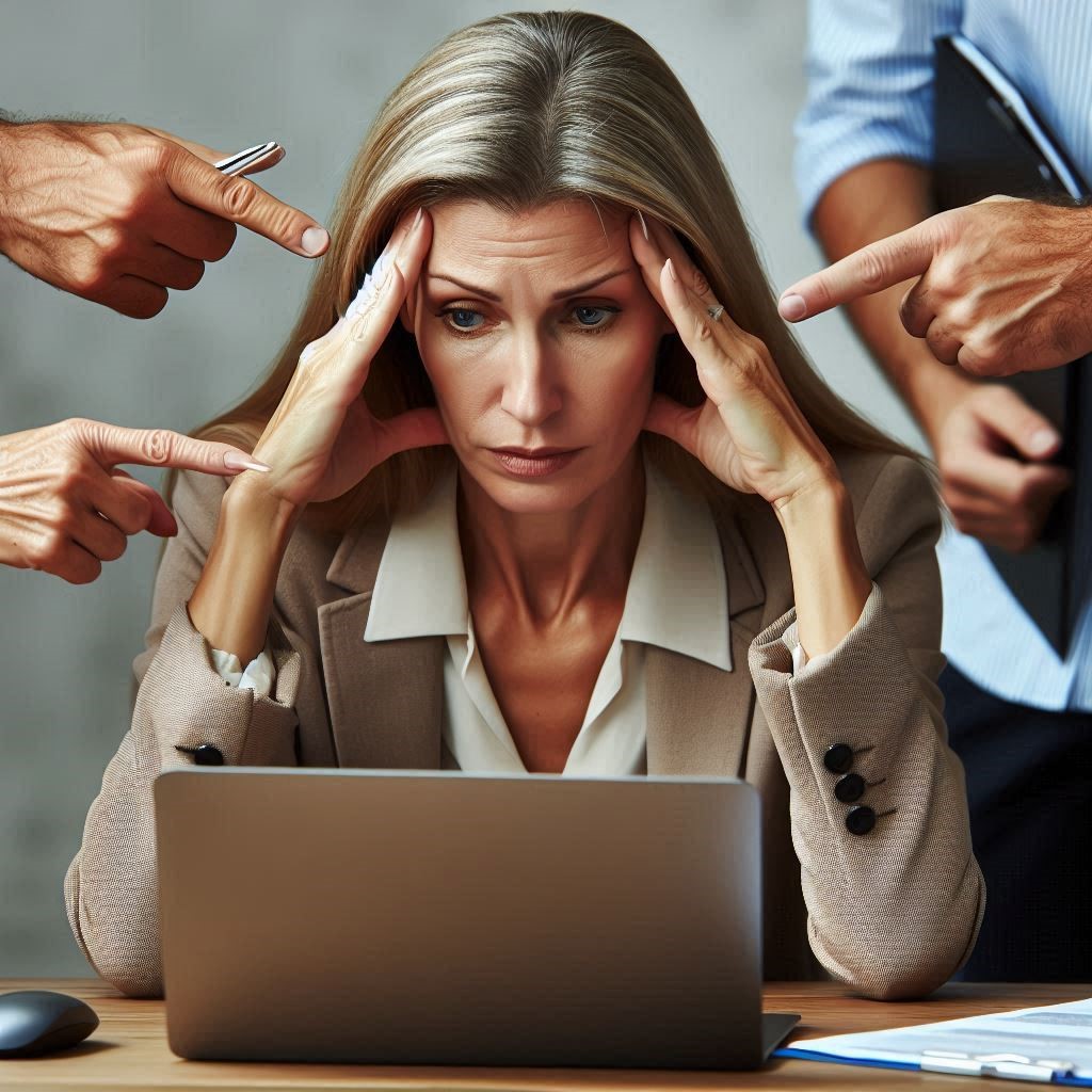 Woman looking stressed at a desk while people are pointing at her computer
