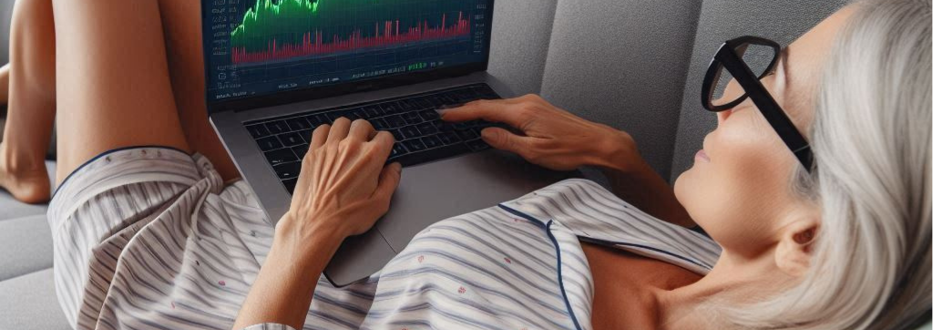 woman on lounge looking at laptop while day trading