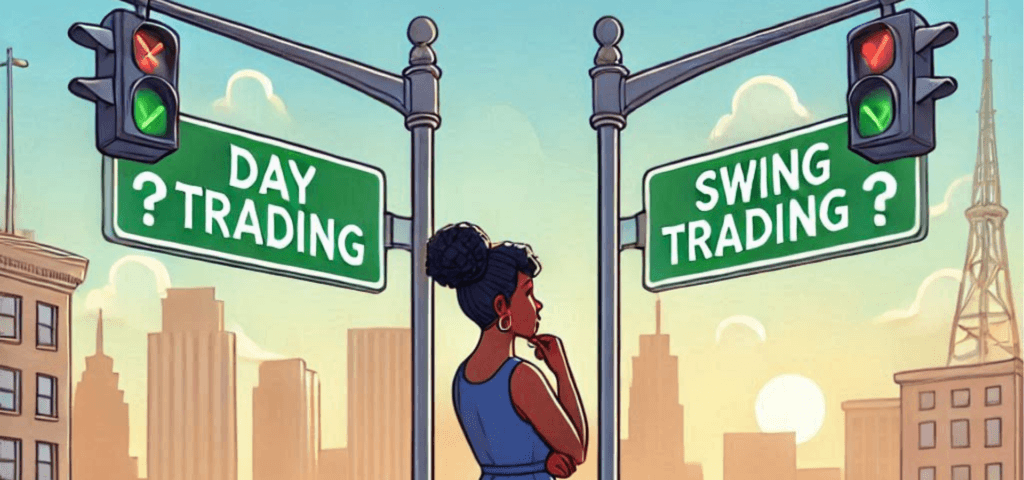 lady standing at the crossroad wondering if she should take the one that leads to day trading or the other that leads to swing trading